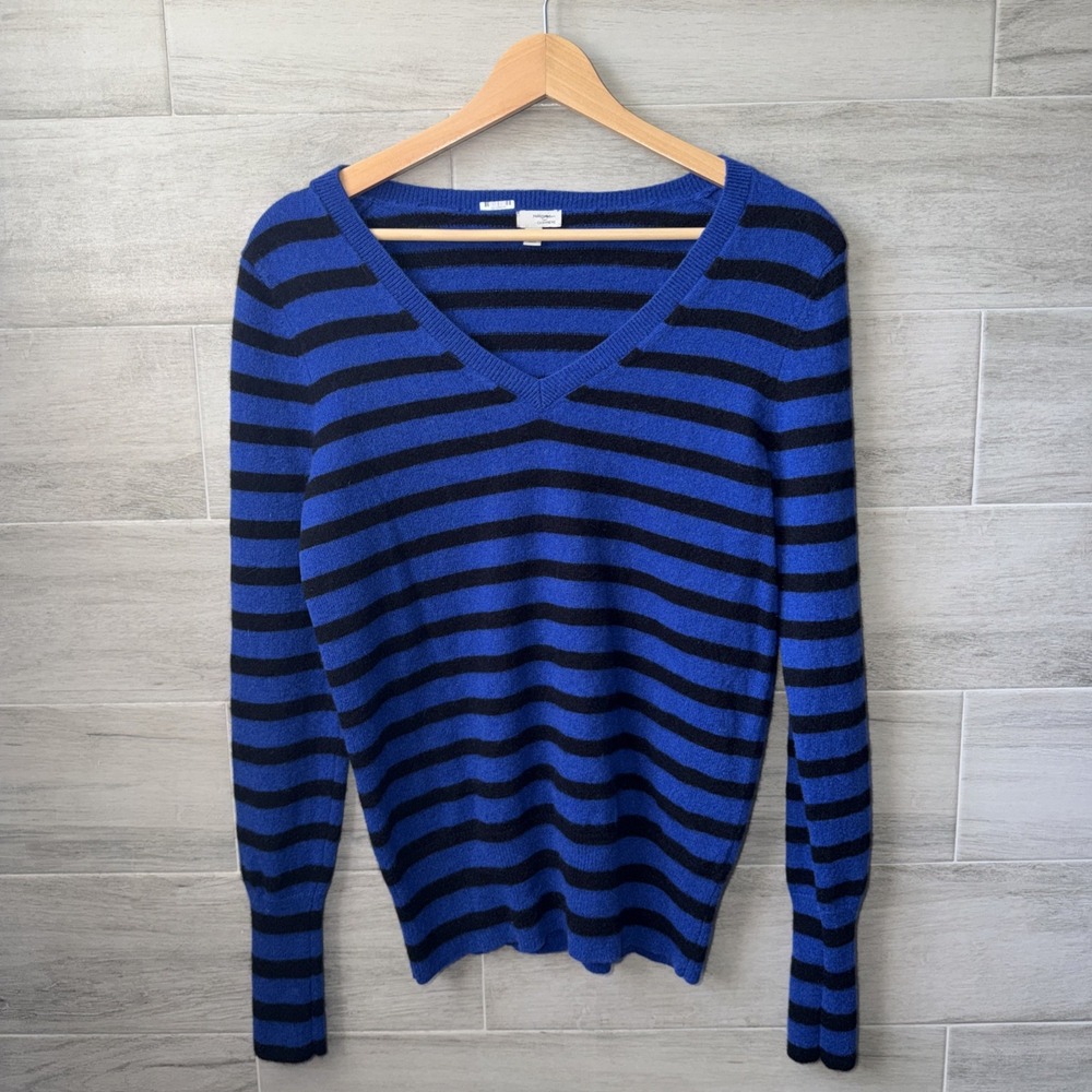 Halogen V-Neck 100% Cashmere Sweater Women's Size L Black Blue Stripe 34" Chest